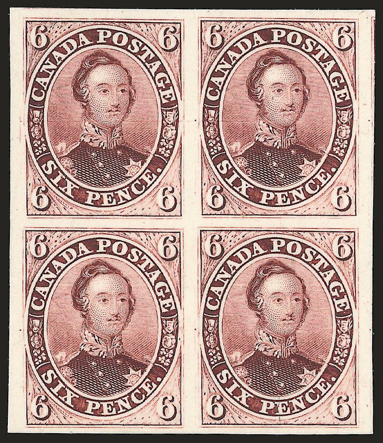 1857, 6p Red Lilac, Trial Color Plate Proof (2TC).> Block of four, large to mostly huge margins, color somewhat resembles the shade of the 6p on Thick Soft Paper (No. 10), Extremely Fine, Unitrade
value