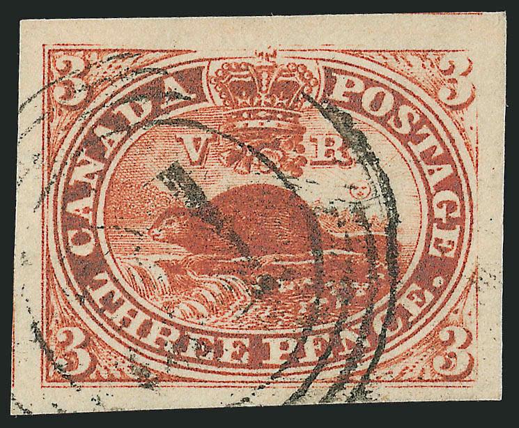 1857, 3p Red, Wove (4).> Huge margins all around incl. part of adjoining stamps at top and left, neat 21 in target cancel, showing noticeable short transfer at right, tiny corner crease at bottom right,
otherwise Extremely Fine