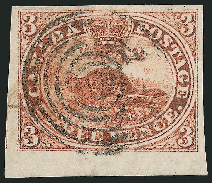 1852, 3p Red (4).> Large margins all around incl. <sheet margin> at bottom, rich color, neat target cancel, Extremely Fine