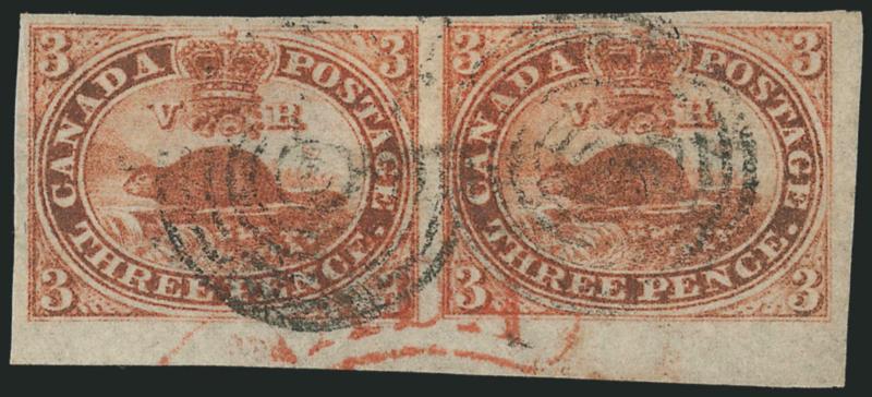 1852, 3p Red (4).> Horizontal pair, large to huge margins all around incl. <bottom right corner sheet margin,> fresh and bright color, two light strikes of target cancels, also part of red Canada in arc,
Extremely Fine Gem, a superb pair