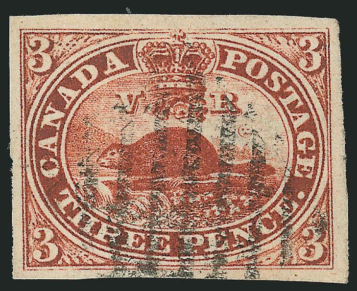 1852, 3p Brown Red, Wove (4a).> Large margins all around, deep rich color, neat grid cancel, Extremely Fine