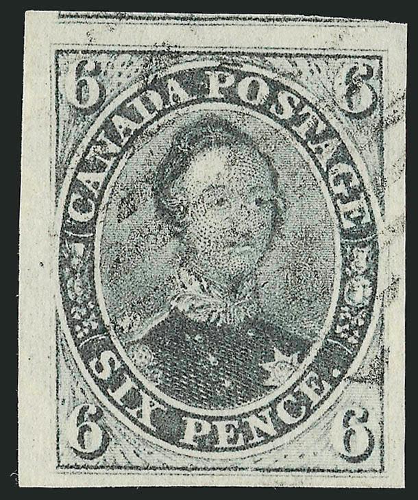 1855, 6p Slate Gray, Wove (5).> Huge margins all around incl. part of adjoining stamp at top, light strike of square grid cancel, fresh and bright color, Extremely Fine Gem, a beautiful example of the Slate
Gray shade