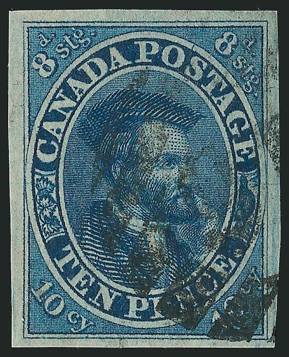 1855, 10p Blue (7).> Large margins all around, rich color, neat strike of 16 in grid cancel of Hamilton<><>^EXTREMELY FINE GEM. A SUPERB EXAMPLE OF THE CANADA 1855 10-PENCE CARTIER.^<><>With 2001 Greene
certificate