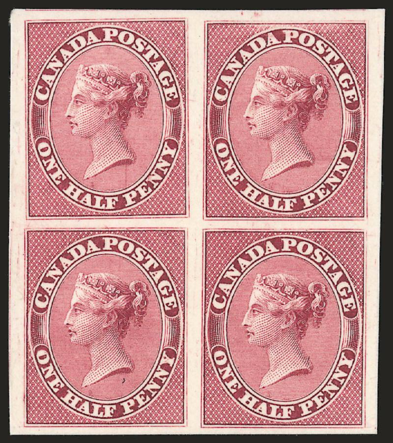1851-64, -12p Rose, Plate Proof (8P).> Block of four, large to huge margins, Extremely Fine, also incl. Very Fine horizontal pair of the -12p Rose Plate Proof with Vertical Green Black Specimen Ovpt. (No. 8Pi),
Unitrade value