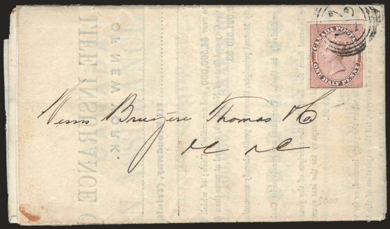 1857, -12p Rose (8).> Three large to huge margins, ample to barely in at bottom, tied by four-ring 21 target (Montreal) on folded insurance policy, Fine, scarce Printed Matter rate, with 2007 Greene
certificate