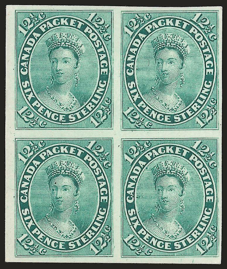 1859-67, 10c Lilac, 12-12c Blue Green, Trial Color Plate Proofs (17TC, 18TC).> Former margin single with <part imprint,> latter block of four, large to huge margins, Extremely Fine, Unitrade value