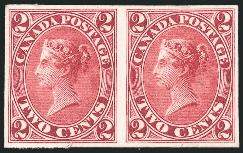 1859-67, 2c Dark Rose, Claret, Trial Color Plate Proofs 20TC, 20TCi).> Horizontal pair of each, Very Fine and choice, Unitrade value