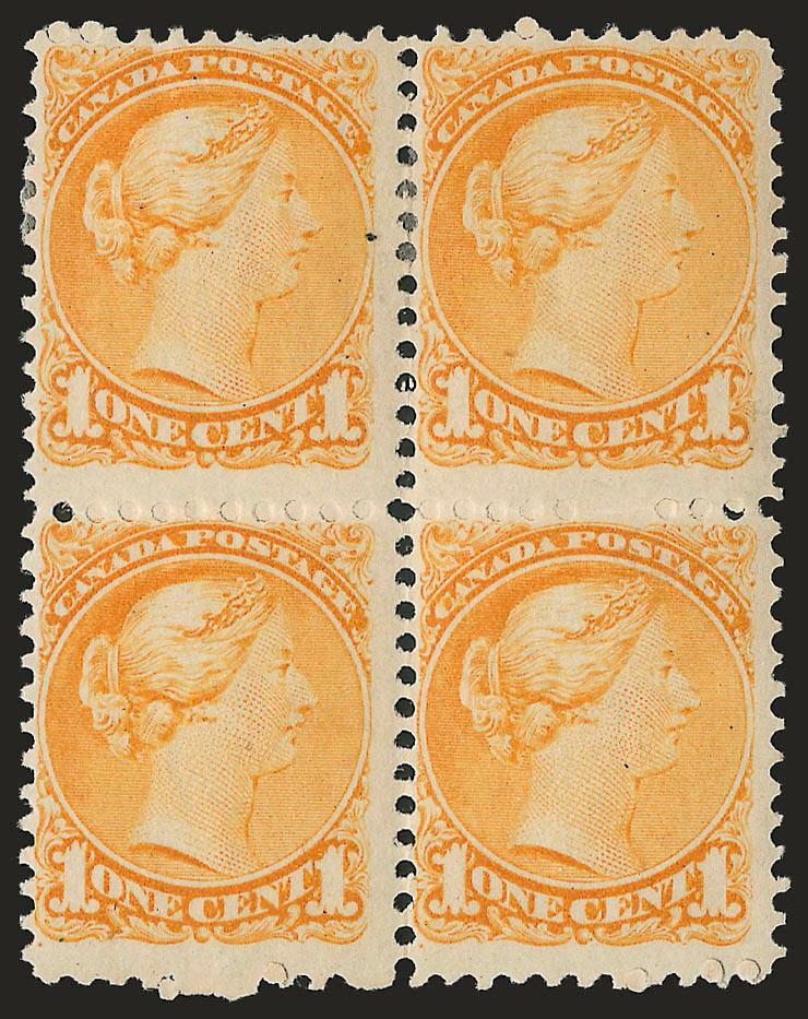 1873-79, 1c Orange, Montreal Printing, Perf. 11-12x12 (35d).> Block of four, original gum, bottom right stamp Mint N.H., Fine, Scott Retail as four hinged singles