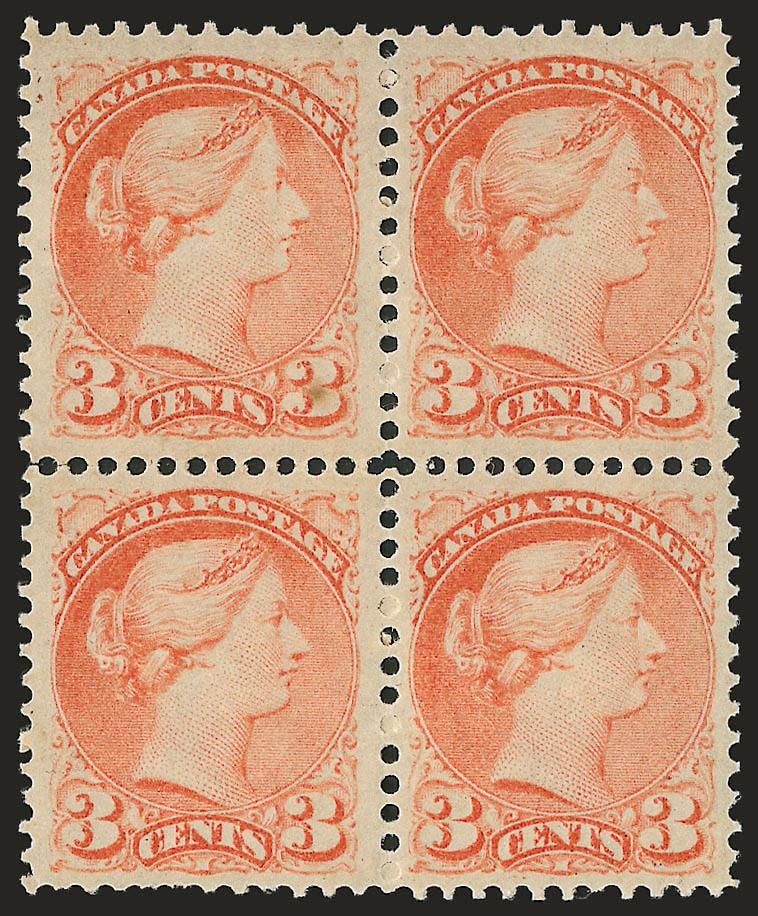 1872-73, 3c Orange Red, Dull Red (37, 37c).> Blocks of four, original gum, one of former tiny inclusion, bottom pair of latter light crease, otherwise Fine-Very Fine