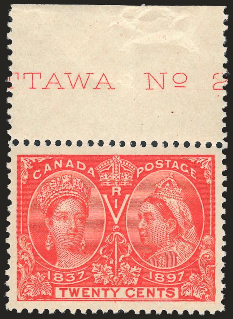 1897, 20c Jubilee (59 SG 133).> Mint N.H. with <part imprint> at top, vibrant color, some slight creasing in selvage only, the stamp is an Extremely Fine Gem, with 2002 P.F. certificate for pair