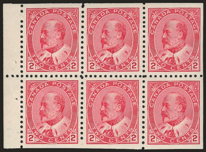 1903-08, 2c Carmine, Booklet Pane of Six (90b).> Mint N.H., radiant color, bottom left stamp small natural paper wrinkle, Very Fine example of this scarce booklet pane
