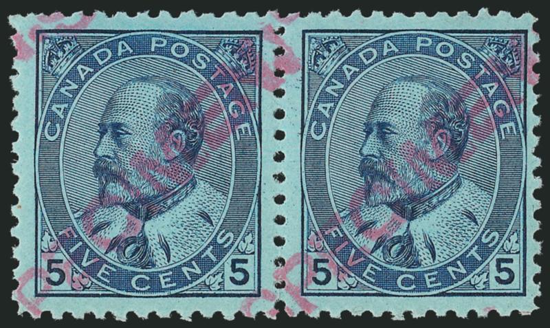 1903, 5c Blue on Bluish, Diagonal Pink Specimen Ovpt. (91S).> Mint N.H. horizontal pair, right stamp light crease, Fine appearance, left stamp huge margins and centered and an Extremely Fine Gem, very
scarce