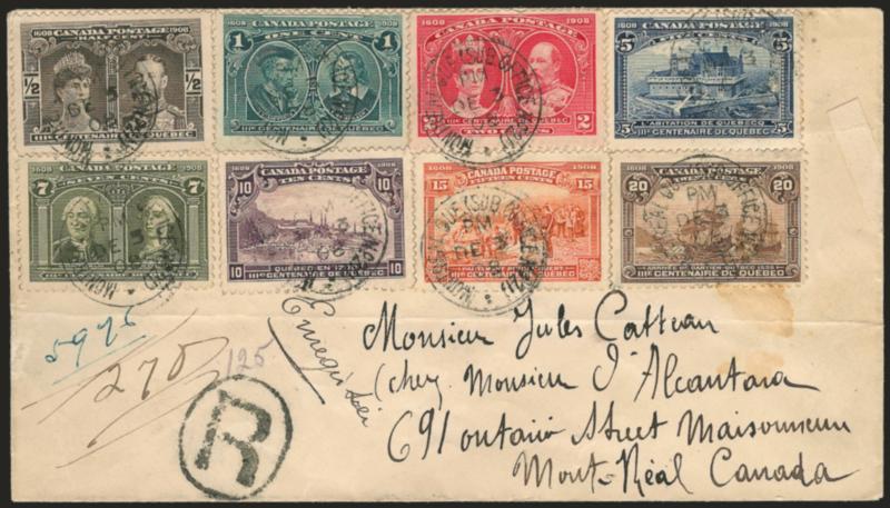 1908, -12c-20c Tercentenary (96-103).> Complete set tied on Dec. 3, 1908 Registered cover by Montreal Que (Sub Office No. 20) circular datestamps, the 1c value is <Major Re-Entry (Unitrade 97iii),> the cover
has a horizontal filing crease beneath st