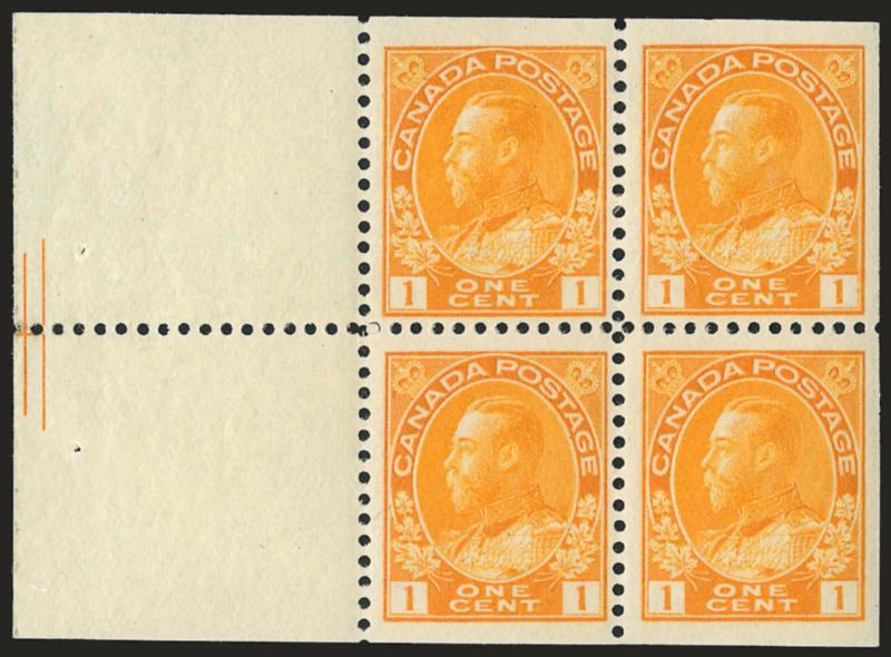 1922, 1c Orange Yellow, Booklet Pane of Four and Two Labels, Pyramid Guide (105ai).> One stamp h.r., Fine, rare, Unitrade value