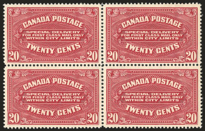 1922, 20c Carmine (E2).> Block of four, three Mint N.H., top right small thin spot, otherwise top pair Very Fine, bottom pair Extremely Fine Gems