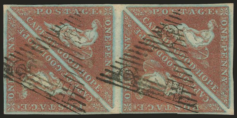 1853, 1p Brick Red, Deeply Blued Paper (1a SG 1).> Block of four, ample to large margins, two neat strikes of CGH in triangular grid cancel, fresh and Very Fine, SG £1,200