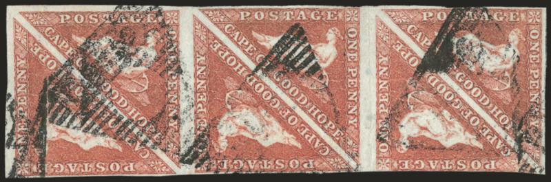 1853, 1p Brown Red (1f SG 3a).> Rectangular block of six, clear to large margins all around except just in on one side of one stamp, triangular cancels, light creases, Fine-Very Fine appearance, SG £1,350 as
singles