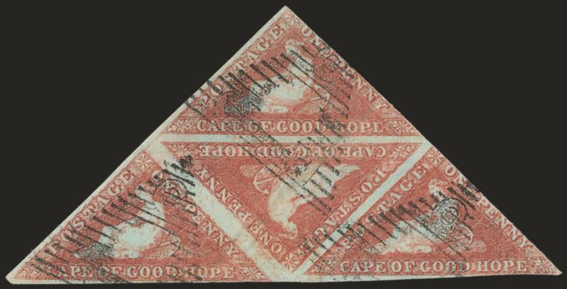1853, 1p Red Brown on Blue Paper, 4p Deep Blue on Deeply Blued Paper (1, 2a SG 2-3).> Triangular and rectangular blocks of four respectively, margins to slightly in, triangular cancels, 1p light crease,
otherwise Fine-Very Fine, 1p ex Sir Henry Tuck