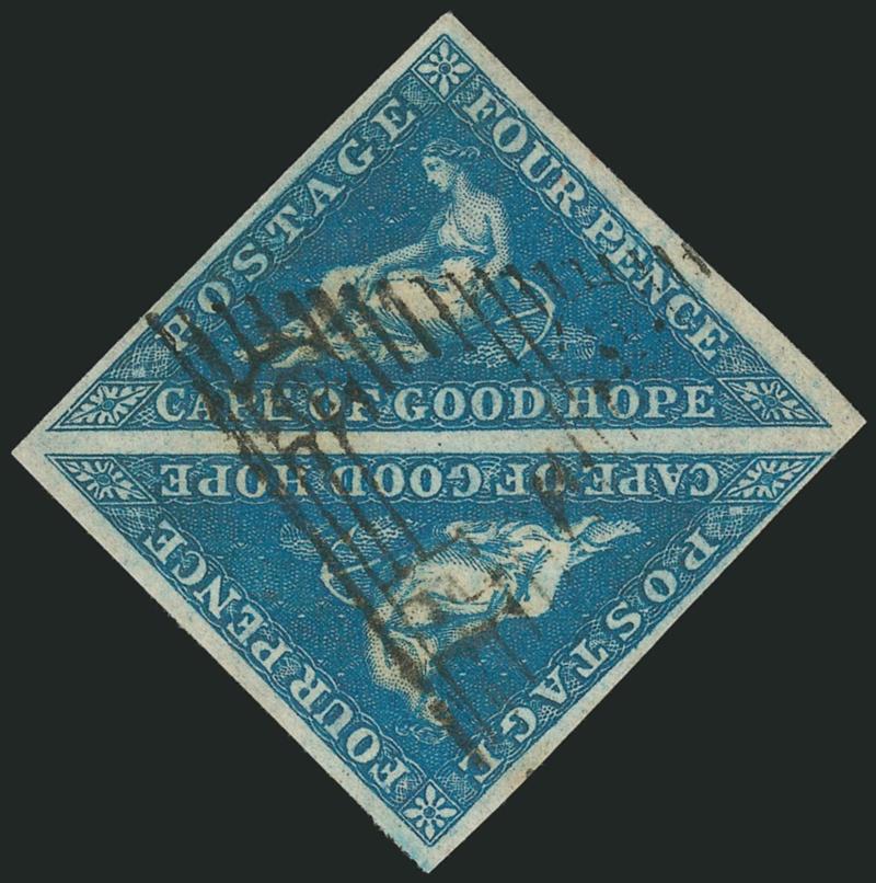1853, 4p Blue, Deeply Blued Paper (2a SG 2).> Pair, ample to large margins, neat triangular grid cancel, fresh and Very Fine, SG £320