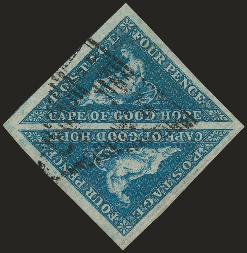1855-58, 4p Blue (4 SG 6a).> Used square pair, massive margins, triangular CGH grid cancel, Extremely Fine Gem, strikingly beautiful, with 2000 B.P.A. certificate, SG £100