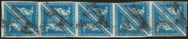 1855-58, 4p Blue (4 SG 6a).> Rectangular block of ten, margins nearly all around, mostly large to huge, triangular cancels, almost Fine-Extremely Fine, right block of four exceptional, impressive used multiple,
SG £500 as singles