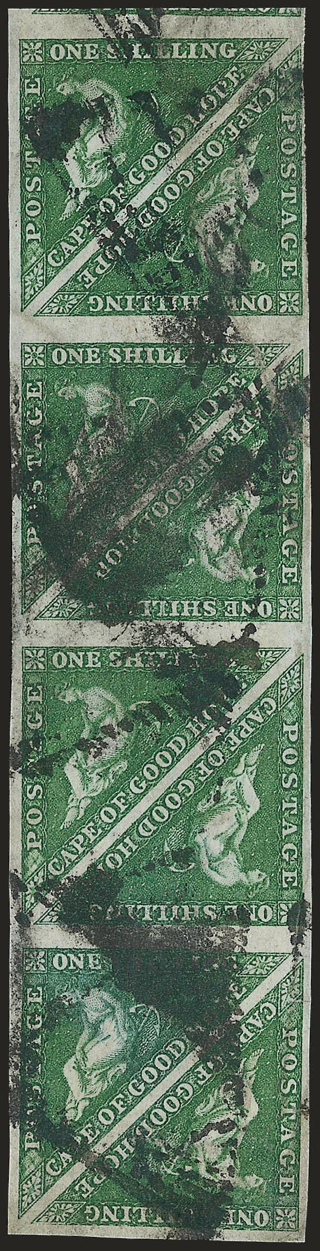 1855-58, 1sh Yellow Green (6 SG 8).> Rectangular block of eight, margins all around, mostly large to huge, trifle heavy triangular cancels, couple fairly minor creases, otherwise Very Fine, scarce multiple, SG
£1,440 as singles