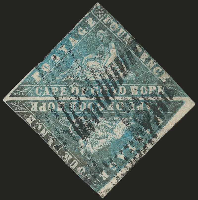 1861, 4p Milky Blue, Woodblock (9 SG 14).> Pair, huge margins to slightly in, triangular cancels, color affected and faint crease, otherwise nearly Fine, scarce and affordable multiple of this great rarity, SG
£3,400 as singles