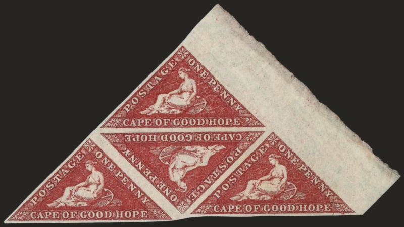 1863-64, 1p Dark Carmine (12 SG 18).> Original gum triangular shaped block of four with huge sheet margin one side, margins ample other sides, wonderful deep rich color, Very Fine, with 1978 B.P.A. certificate,
S.C.S.A. certificate, SG £640