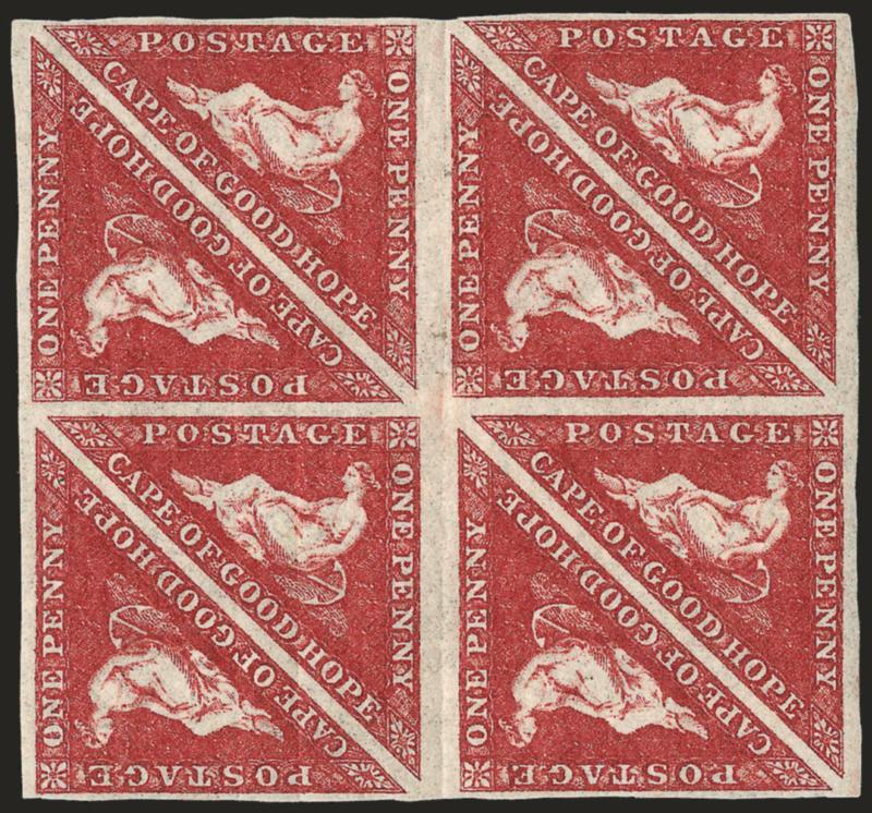 1863-64, 1p Dark Carmine (12 SG 18).> Square block of eight, original gum, ample to large margins, one block light creases and lightly creased between blocks, otherwise Very Fine, SG £1,280 as
singles