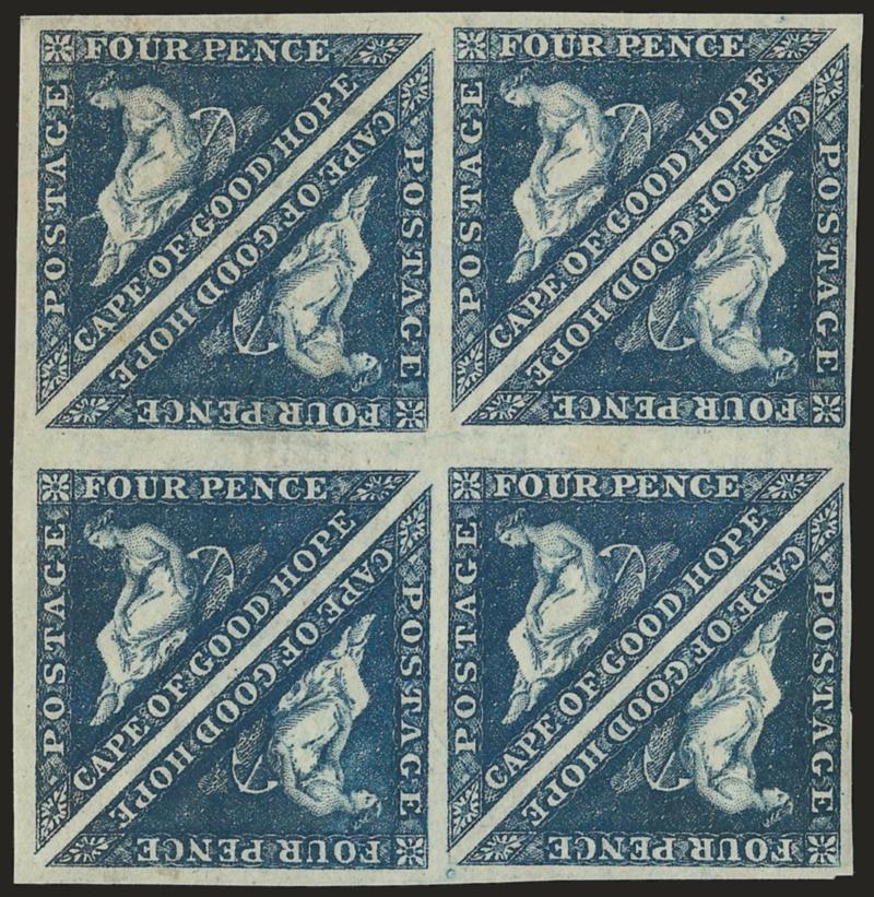 1863, 4p Dark Blue (13 SG 19).> Block of eight, original gum, lightly hinged, large margins, rich color, fresh and Extremely Fine, SG £1,280