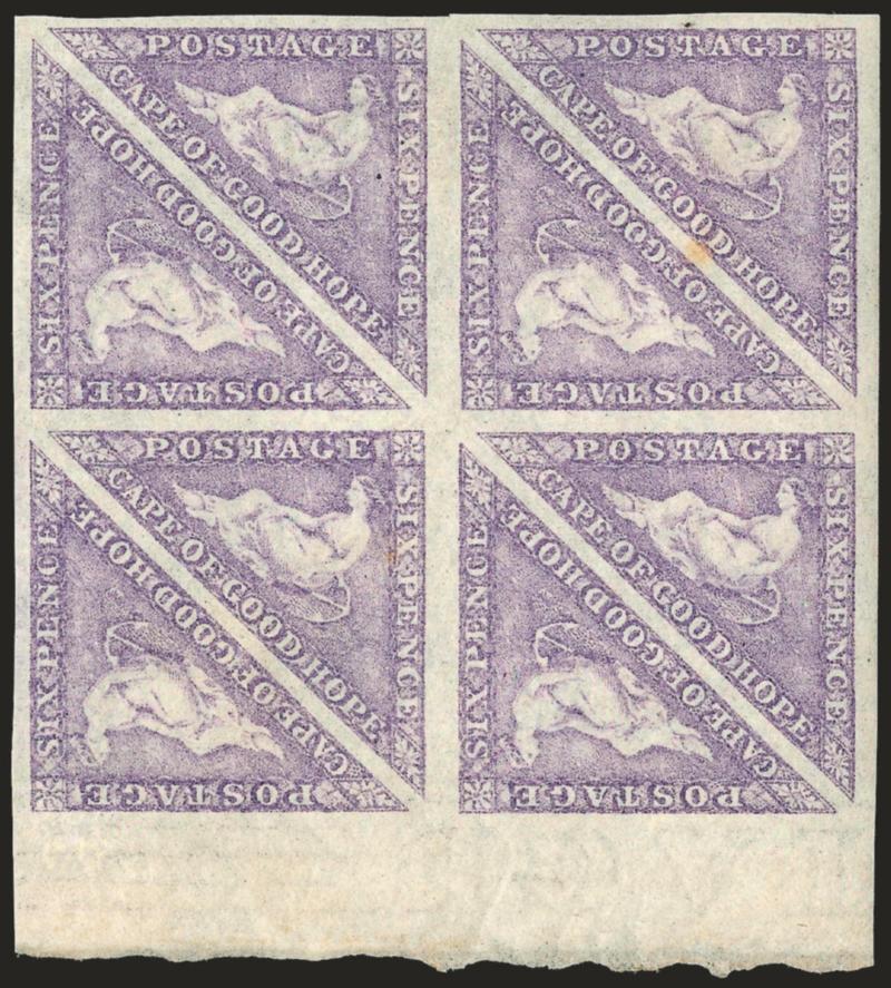1863-64, 6p Purple (14 SG 20).> Square block of eight with sheet margin, original gum, large to huge margins, trivial toning speck between two stamps, otherwise Extremely Fine, lovely multiple, SG £1,600 as
singles