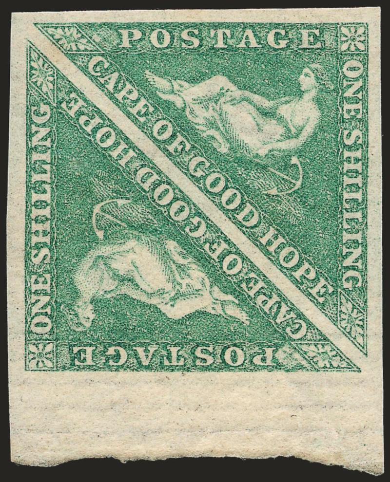 1863, 1sh Emerald (15 SG 21).> Pair, original gum, large to huge margins incl. sheet margin, vivid color, Extremely Fine, SG £800 as singles
