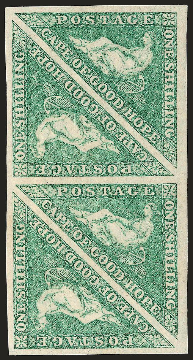 1863, 1sh Emerald (15 SG 21).> Rectangular block of four, original gum, large to huge margins, choice color, fresh and Extremely Fine, SG £1,600 as singles