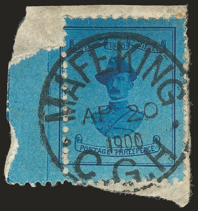 MAFEKING, 1900, 1p, 3p Blue on Blue (178-179 SG Mafeking 17, 20).> 3p 18-12mm wide, each tied on separate small piece, Fine lot, SG £625