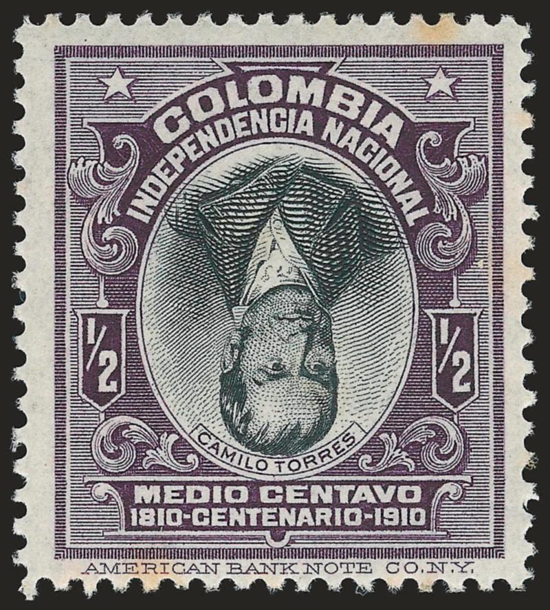 COLOMBIA, 1910, -12c Violet and Black, Inverted Center (331a).> Well-centered, original gum, very mild toning, actually very nice for this scarce error which usually has disturbed original gum and heavier
toning, Very Fine