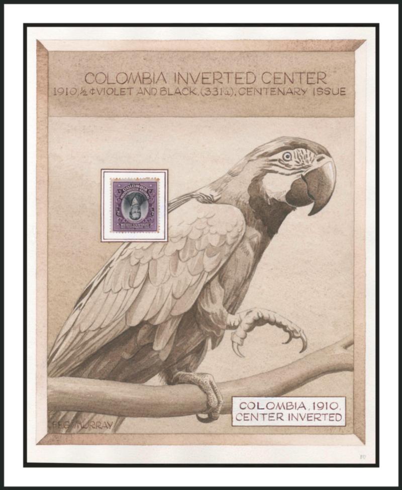 COLOMBIA, 1910, -12c Violet & Black, Inverted Center (331a).> On original hand-drawn watercolor exhibition page, part original gum and some tiny toning spots (may be the case for all of these errors), otherwise
Fine
