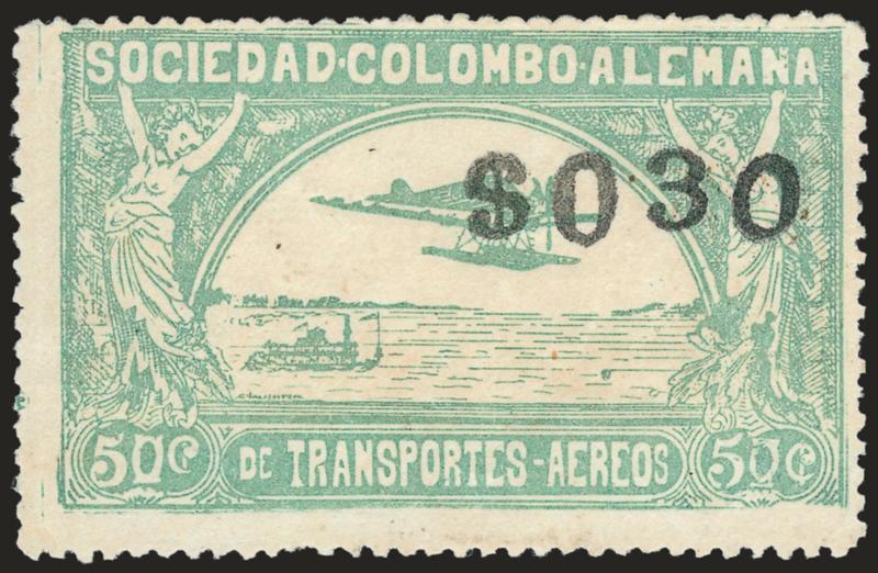 COLOMBIA, 1921, 30c on 50c green, Ty. f Surcharge (C23).> Unused (no gum), trivial nibbed perf., otherwise Fine