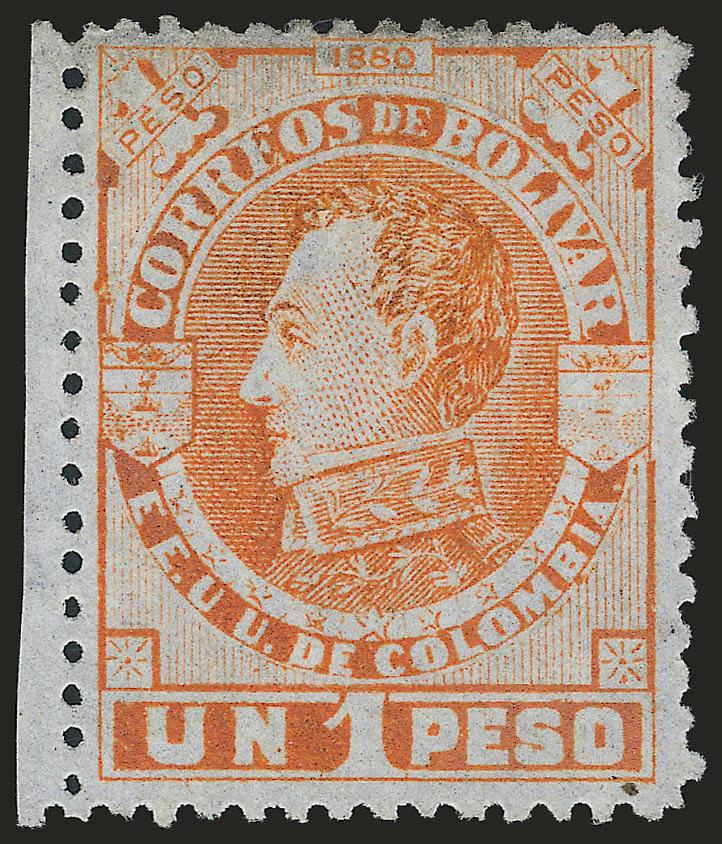 COLOMBIA (Bolivar), 1880, 1p Orange on Bluish Laid Paper (28).> Unused (no gum) with partial left selvage, Fine, signed VM (Mozian), <only one sheet of 100 was printed,> rare stamp