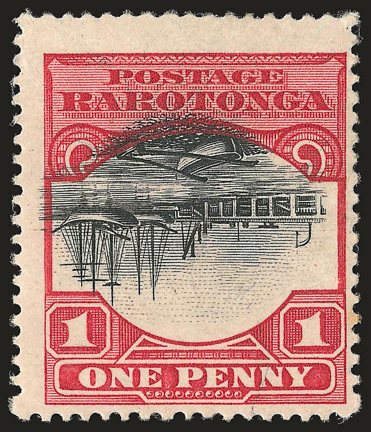 COOK ISLANDS, 1920, 1p Carmine & Black, Inverted Center (62a SG 71 var. ).> Fresh and Fine, Gibbons does not price this variety as they consider it printers waste, signed S.A. in pencil (Spencer
Anderson)