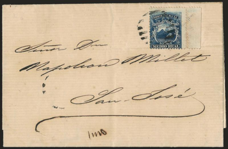 COSTA RICA, 1863, -12r Blue (1).> With right selvage, tied on April 25, 1868 folded letter to San Jose, Fine and scarce