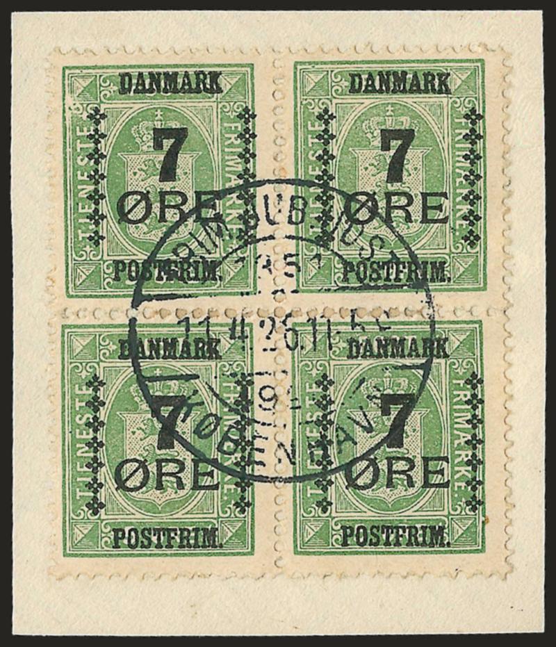 DENMARK, 1926-27, 7o Surcharges (185-191).> Used blocks of four, Fine-Very Fine