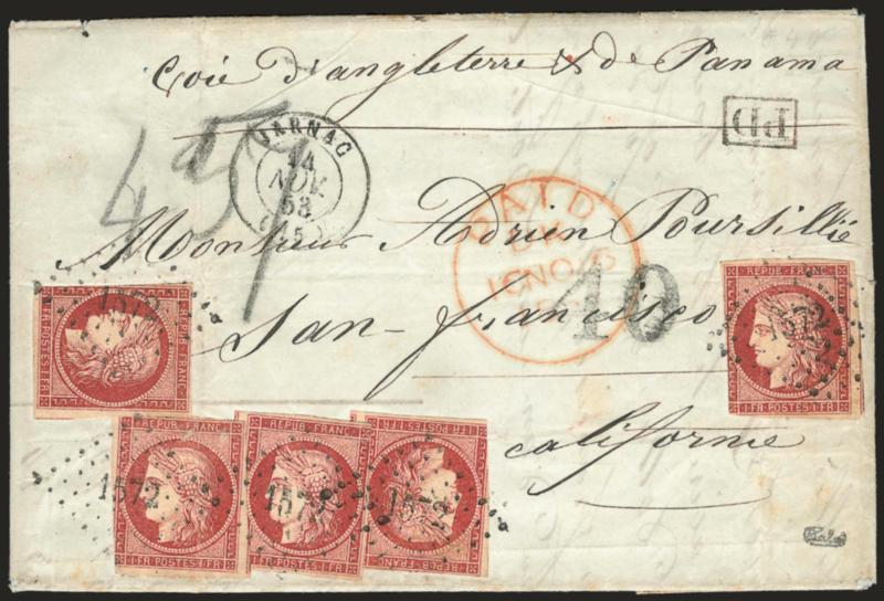 FRANCE, 1849-50, 1fr Dark Carmine (9c Yvert 6).> Five singles, faults andor slightly cut in, on 1853 folded letter to San Francisco Cal., range of transits incl. orange red London Paid, reasonably attractive
and a very scarce high franking, signe