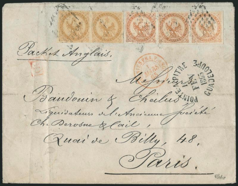 FRENCH COLONIES, 1859, 10c Bister on Yellowish, 40c Orange on Yellowish (3, 5).> Horizontal pair and strip of three respectively, margins all around, tied by lozenges of diamond on cover to Paris, rimless
Pointe-A-Pitre Guadeloupe 1 Fev 1865 circul