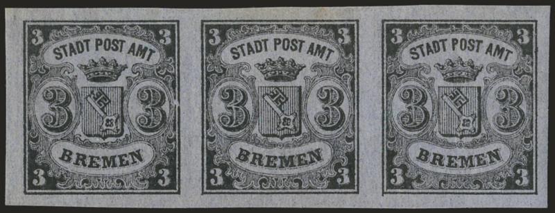 GERMANY (BREMEN), 1855, 3gr Black on Blue, Ty.I-III (1, Michel 1y).> Horizontal strip of three, original gum, huge margins all around, right stamp trifle heavy natural vertical wrinkle, otherwise Extremely
Fine, Michel value 1,300 Euros