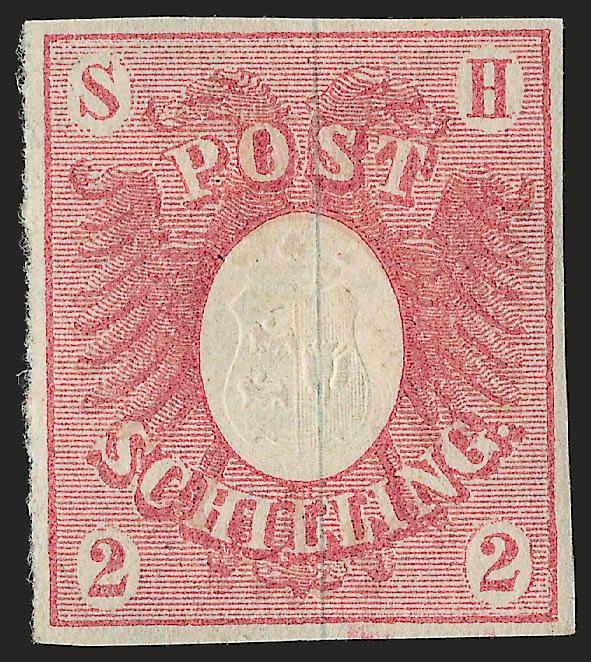 GERMANY (SCHLESWIG-HOLSTEIN), 1850, 2s Rose and Pink (2 Michel 2).> Margins all around, part original gum, bright colors, Very Fine, Michel value 700 Euros
