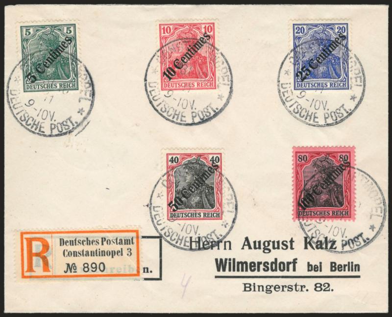 GERMAN OFFICES IN TURKEY, 1908, 5c-100c Surcharges (55-59 Michel 48-52).> Tied on printed address registered cover by Constantinople circular datestamps, Berlin backstamp, Very Fine