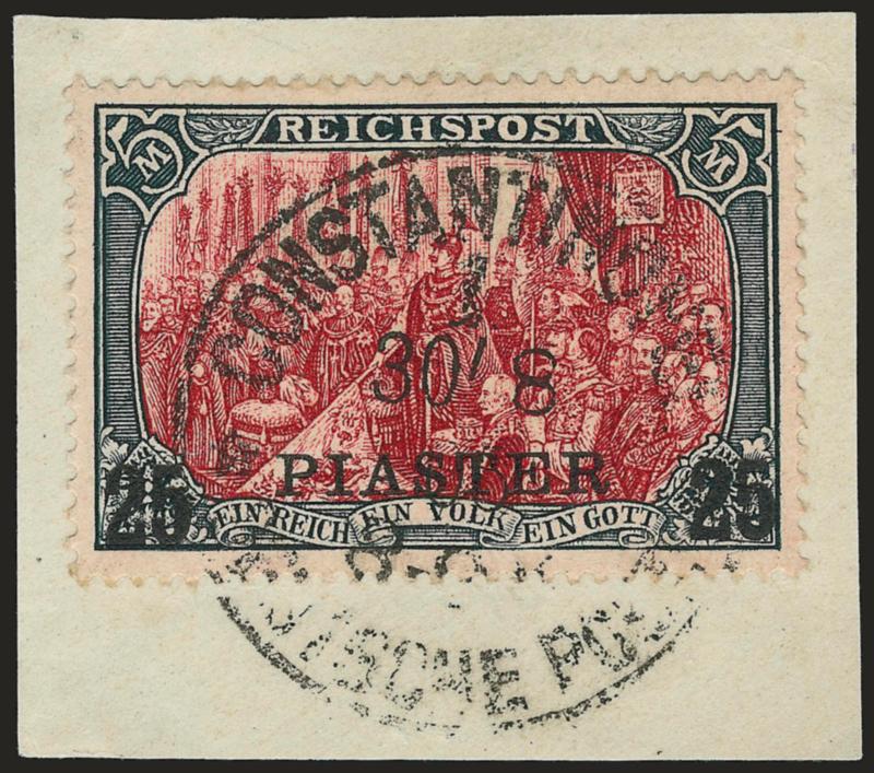 GERMAN OFFICES IN MOROCCO, 1900, 25pi on 5m Slate and Carmine, Ty. II (24B Michel 23II).> Tied on piece by Constantinople circular datestamp, beautifully centered, Extremely Fine, Scott Retail $350.00, Michel
value