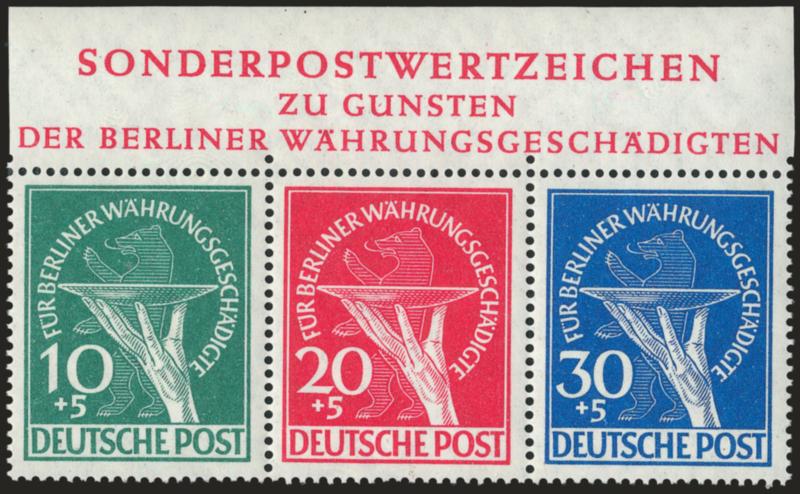 GERMANY (BERLIN), 1949, 10pf-30f Currency Victims (9NB1-9NB3).> A Triptych from the souvenir sheet with inscription margin at top, Mint N.H., Very Fine, Michel value 450 Euros