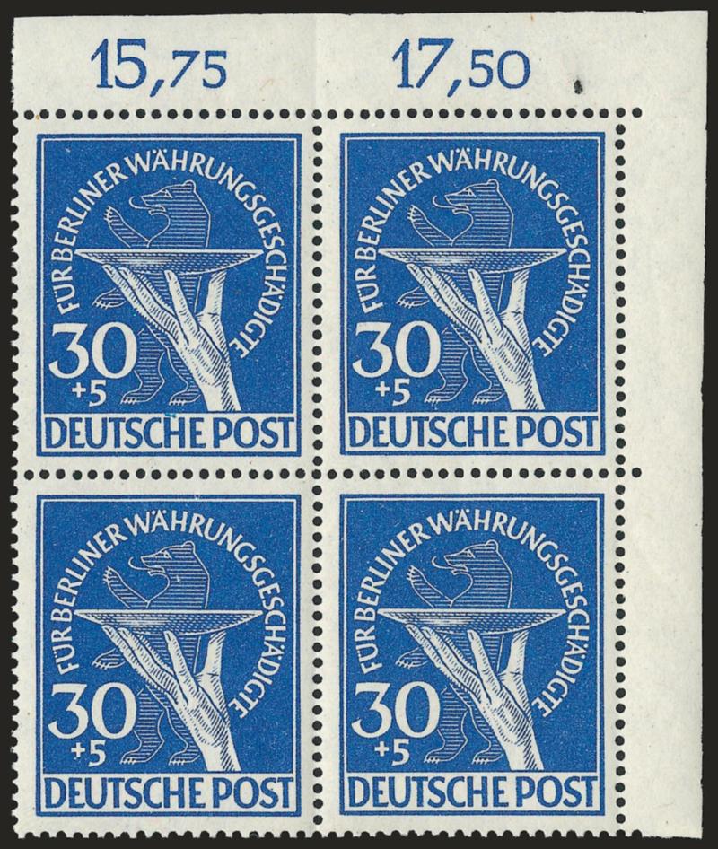 1949, 10pf + 5pf-30pf + 5pf Currency Victims (9NB1-9NB3).> Mint N.H. top right corner margin blocks of four with counter numbers, Very Fine