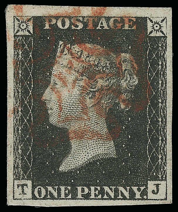1840, 1p Black (1 SG 2).> T-J, large to huge margins, light red Maltese Cross cancellation, Extremely Fine Gem, SG £250